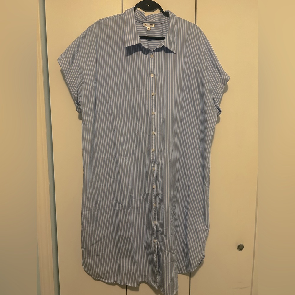 Reitmans Blue Casual Button Down Shirt Dress with Vertical Stripes